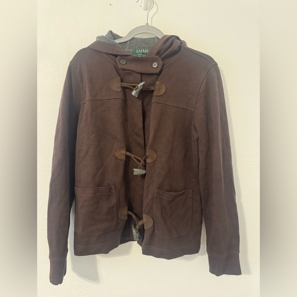 Lauren Ralph Lauren Brown Hooded Lightweight Toggle Jacket Leather Accents Med
